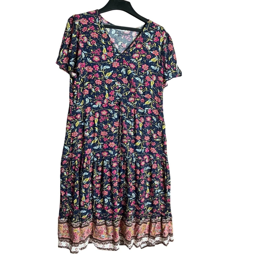 TEMOFON Womens Floral Print V Neck Tiered Midi Dress XL Navy Pink‎ Yellow